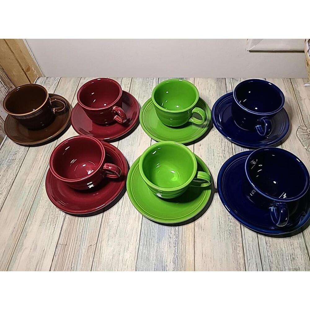 Homer Laughlin Lead-free Fiestaware 7 Cups And 7 Saucers Green Red Blue Brown